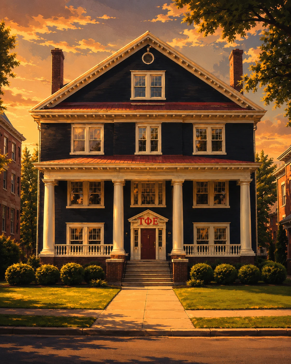 Stylized view of the Tau Phi Epsilon fraternity house on Greek Row